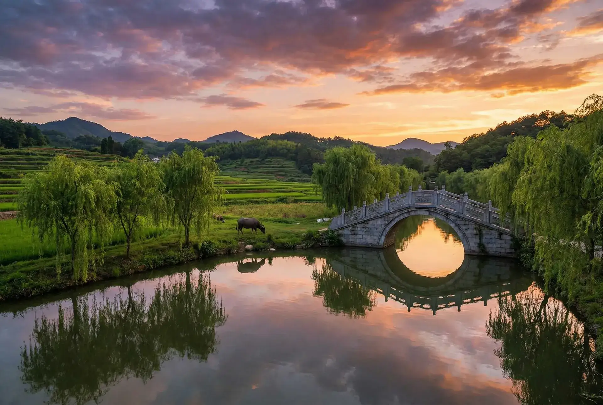 夕阳下的石拱桥与垂柳，水牛在河边吃草 - 丝袜 qvod 乡村美景